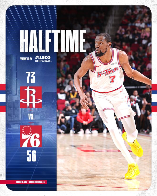 杜兰特生涯罚球命中数超越大O 火箭队大胜76人队